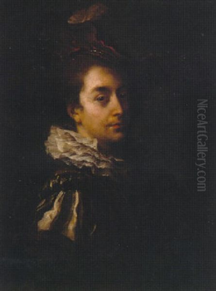 Portrait Of A Gentleman In A Red And Black Slashed Doublet, With A Ruff And A Red Hat - view 1
