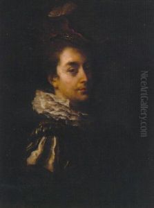 Portrait Of A Gentleman In A Red And Black Slashed Doublet, With A Ruff And A Red Hat by Alexis Grimou