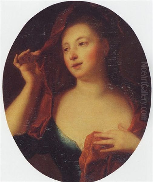 Portrait Of A Lady In A Blue Dress And Red Shawl - view 1