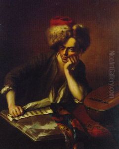 Portrait Of A Musician, Wearing A Fur Hat, Seated At A Draped Marble Table By A Lyre, Holding A Sheet Of Music