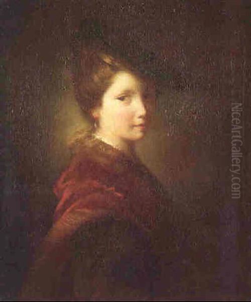 Portrait Of A Girl Facing Right, Wearing A Blue Hat And Red Stole - view 1