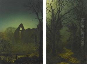 Bolton Abbey By Moonlight; A Wooded Landscape With A Woman Walking On A Path In The Moonlight by John Atkinson Grimshaw