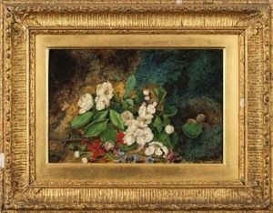 Still Life With Blossom And Bird's Nest On A Mossy Bank by John Atkinson Grimshaw