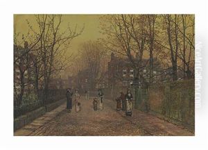 A Village Street On Sunday Eve Some Eighty Years Ago by John Atkinson Grimshaw