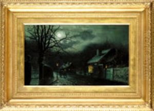 A Cyclist On A Cobbled Street By Moonlight