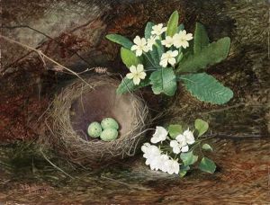 Thrush's Nest, Primroses, Pear Blossom by John Atkinson Grimshaw