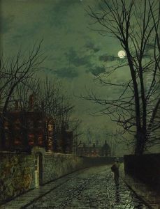 A Moonlit Street Scene After Rain With A Girl Passing A House From Which Lights Are Blazing by John Atkinson Grimshaw