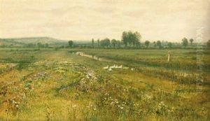 An Extensive Meadow Landscape With Geese By A Stream by John Atkinson Grimshaw