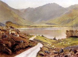 A Shepherd With His Flock In A Mountainous Lake Landscape by John Atkinson Grimshaw