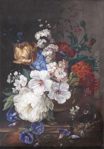 Still Life Of Roses And Tulips In A Vase With A Bird's Nest On A Ledge
