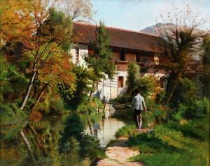 Fishing By A Country House by Francois Adolphe Grison