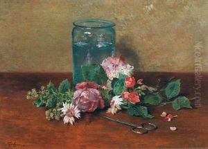 Stillleben Mit Blumen, Schere Und Glas by Francois Adolphe Grison