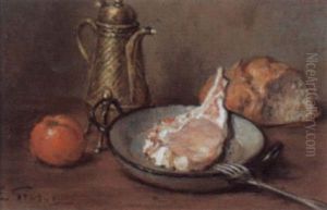 Stilleben Mit Fleisch, Brot, Tomate Und Kanne