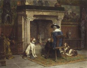 Alte Kameraden: Ein Kriegsveteran Des 17. Jahrhunderts Sitzt Mit Zwei Hunden Vor Dem Kamin