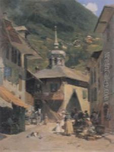 Place Du Marche A Tanninge, Savoie by Francois Adolphe Grison