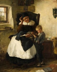 Im Lehnstuhl Sitzende Grossmutter Hilft Ihrem Enkel Bei Den Schulaufgaben by Konrad Grob