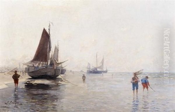 Am Strand Vor Scheveningen. Krabbenfischer Neben Aufliegenden Booten - view 1