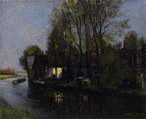 Hollandische Kanallandschaft Mit Dorf Am Wasser by German Grobe