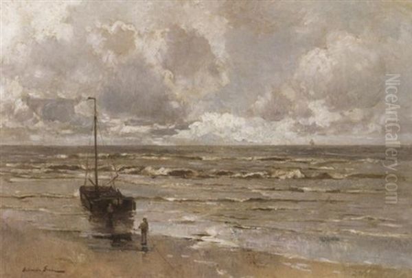 An Der Hollandischen Kuste. Fischer Ziehen Ihr Boot An Land - view 1