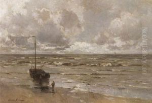 An Der Hollandischen Kuste. Fischer Ziehen Ihr Boot An Land by German Grobe