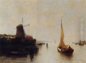 Boats On A River Nearby A Windmill