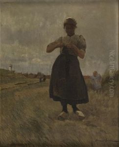 Junge Hollanderin Mit Strickzeug In Den Dunen by Hermann Grobe