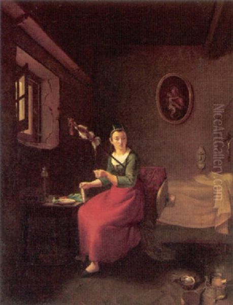 A Bedroom Interior With A Young Woman Spinning Wool At Her Desk - view 1