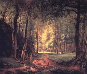 Paysage De Sous-bois Avec Un Cerf Et Une Biche