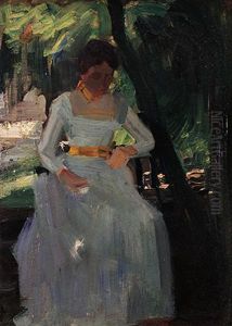 Portrait Einer Sitzenden Dame Unter Einem Baum Im Park Mit Flirrendem Lichteinfall by Hermann Groeber