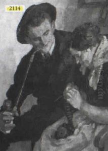 Interior Scene With Man Smoking And Woman Knitting