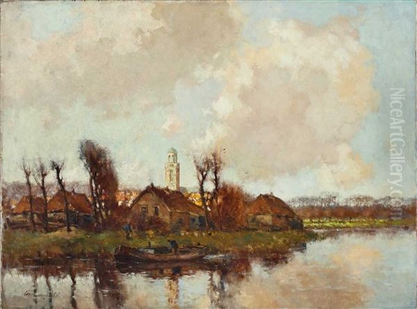 Flusslandschaft Im Fruhling Mit Angelegtem Kahn Und Kleinem Dorf - view 1