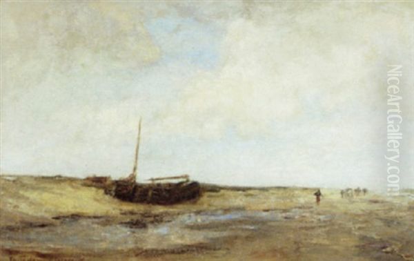 Beach Scene With Figures And Fishing Boat - view 1