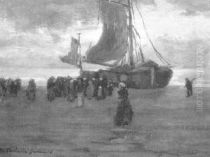 Figures And Ship On Shore At Sunset by Tamine Tadama Groeneveld