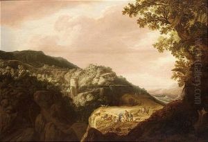 An Extensive Italianate Hilly Landscape With Shepherds Resting With Their Herd On A Path, A View Of A Town Beyond by Pieter Anthonisz van Groenewegen