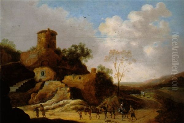Gebirgslandschaft Mit Einem Rundturm Und Reisenden - view 1