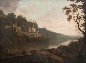 Figures Boating In A Wooded River Landscape, Sunset by Nathaniel Grogan the Elder