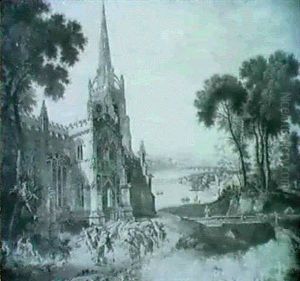 Figures Dancing Before A Church On The Banks Of A River, A Town Beyond by Nathaniel Grogan the Elder