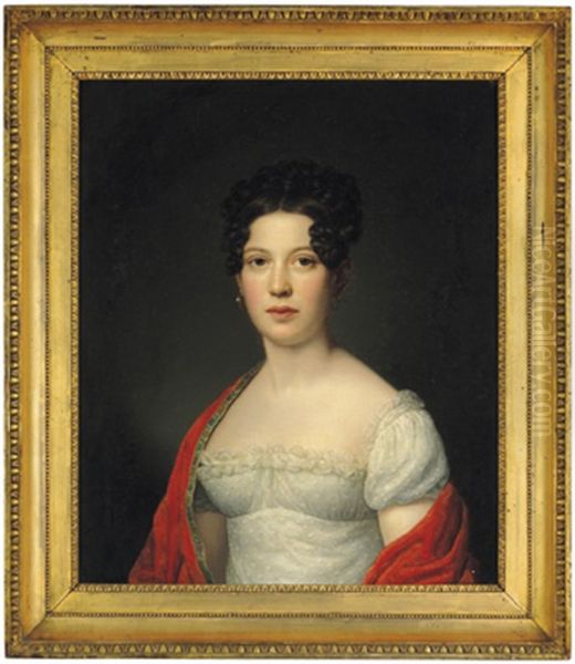 Bildnis Einer Jungen Dame Im Weisen Empire-seidenkleid Und Rotem, Grungesaumten Mantel - view 1