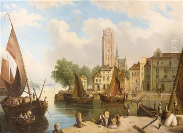 Belebte Gracht Wohl In Amsterdam Mit Schiffen Und Reicher Figurenstaffage - view 1