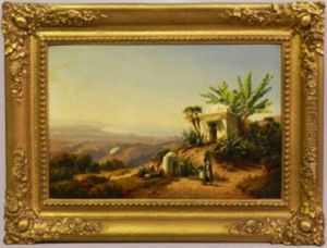 North African Mountainous Landscape Scene With Shrine And Figures Resting And Carrying Water