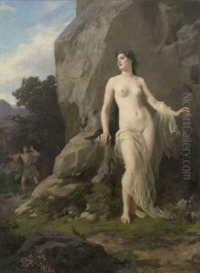 Mytologisk Sceneri Med Ung Kvinde Staende I Klippelandskab, I Baggrunden Kaldende Kriger by Andreas Groll