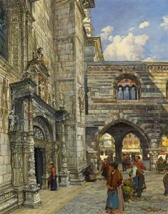 Handler Vor Dem Seitenportal Zum Dom In Como by Theodor Groll