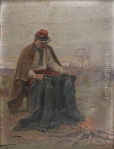 Soldat D'infanterie Au Reglement De 1884 Faisant Secher Sa Tunique Pres D'un Feu