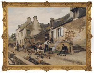 French Artillerie Soldiers At Rest In A Village by Paul Louis Narcisse Grolleron
