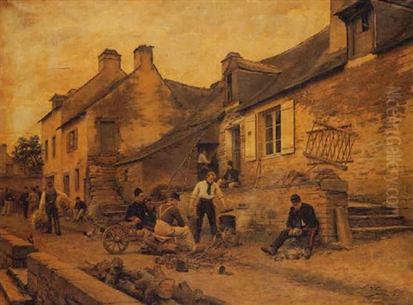Soldiers Outside A Thatched Cottage - view 1