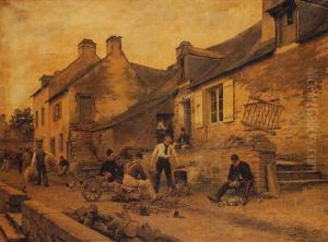 Soldiers Outside A Thatched Cottage by Paul Louis Narcisse Grolleron