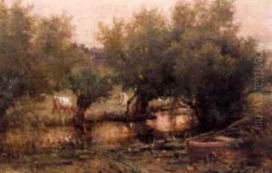 A Tree-lined River Scene As Sun Sets, Cattle Graze A Tree-lined River Scene As Sun Sets, Cattle Graze