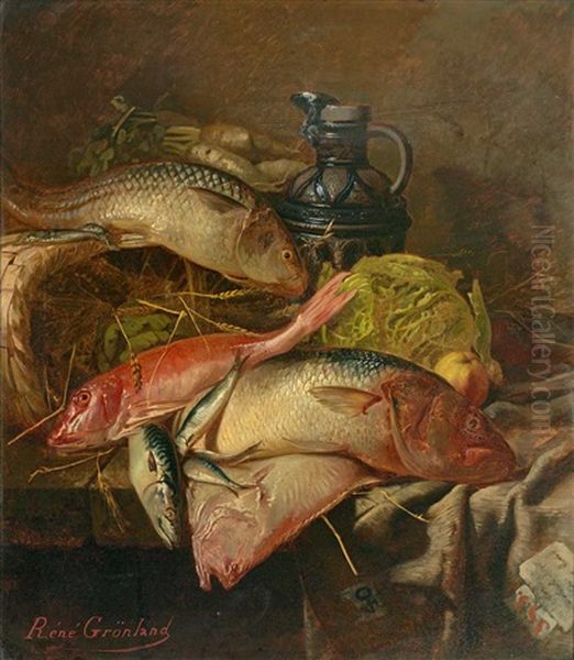 Stilleben Mit Fischen, Wirsing, Rettichen Und Steinzeugkrug - view 1