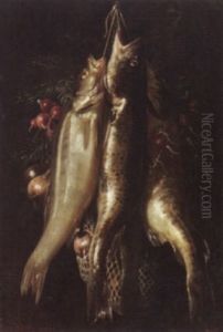 Stilleben Mit Hangenden Fischen, Zwiebeln Und Radieschen