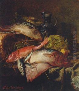 Skate, Mackerel, Sea Bass And A Gurnard On A Table With A Cabbage, An Apple And A Ewer by Rene Groenland